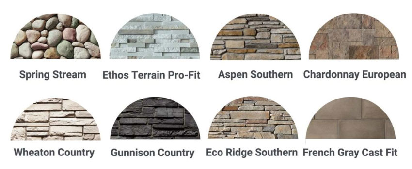 A selection of various cultured stone types, including fieldstone, ledgestone, and river rock, displayed on a wall in an Edmonton home. Each stone type showcases different textures and colors, providing homeowners with versatile options for exterior and interior applications.