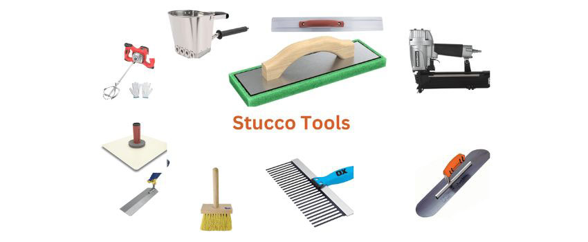 A selection of tools and materials required for stucco repair in Edmonton, AB, including a trowel, joint compound, wire mesh, and a bucket for mixing stucco patching material.