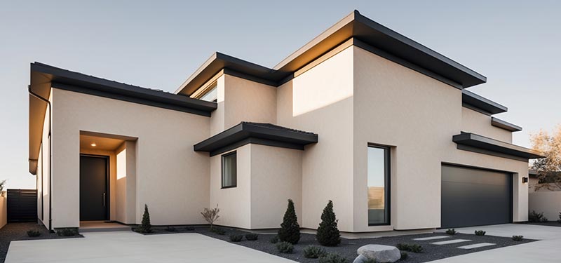 A home exterior with a textured sand stucco finish in taupe, complemented by natural stone accents and lush greenery.