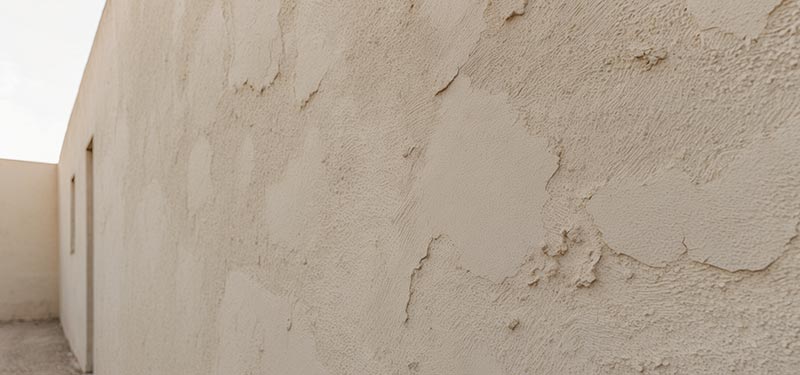 Close-up of a traditional stucco wall showcasing its textured and rough cement-based surface.