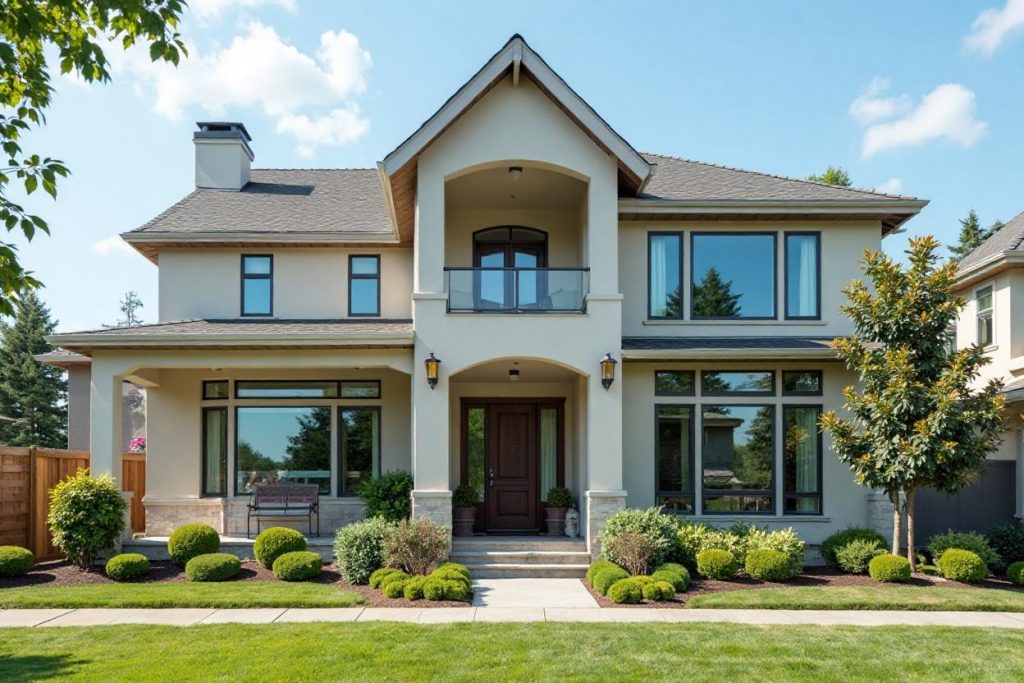 Residential exterior painting in Edmonton AB with professional painters working on a modern home.