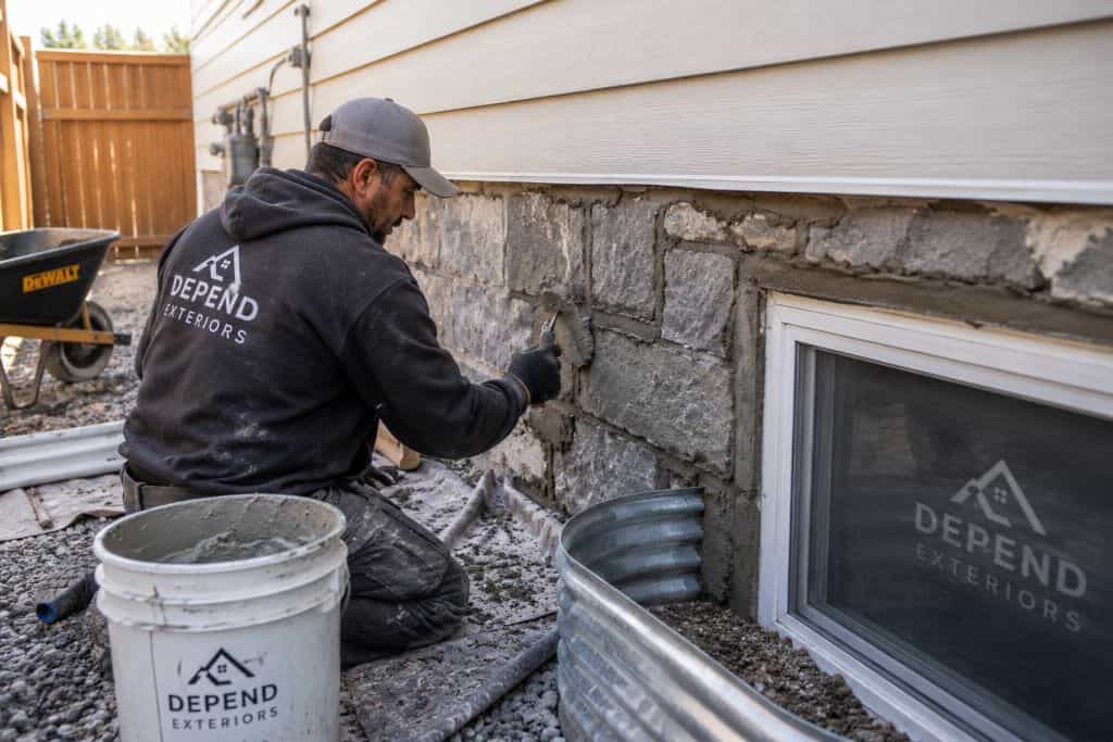 Depend Exteriors contractor applying mortar to repair masonry around a basement window in Edmonton.