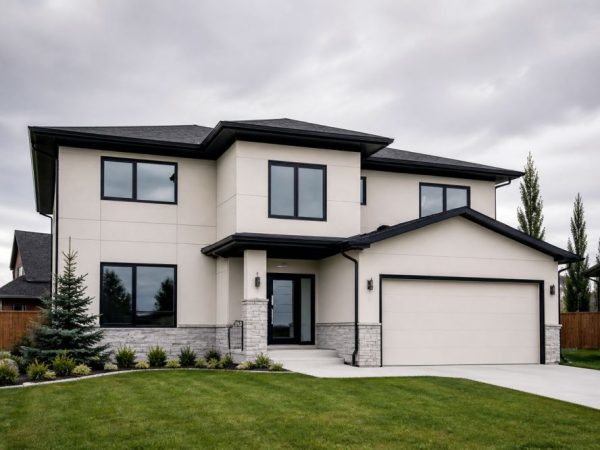 Depend Exteriors is a stucco contractor in Allard AB, Edmonton that provides residential stucco services. This image shows a modern two-storey home with a smooth stucco exterior and dark window frames. The house includes a front garage, clean driveway, and a green lawn in a suburban setting. The stucco finish looks even and well applied across the exterior walls. You can call Depend Exteriors at (780) 710-3972 for stucco work in Allard and nearby Edmonton areas.