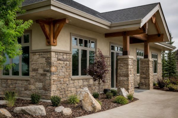 This image shows a residential property in Allard, Edmonton Alberta with a clean stucco exterior and stone masonry finish along the lower walls. Depend Exteriors provides stucco contractor services in Allard AB, delivering strong exterior finishes built for Alberta weather conditions. The building features large windows, wood beam accents, and a covered entry area with detailed stonework. Homeowners in Allard can contact Depend Exteriors at (780) 710-3972 for stucco, parging, and exterior finishing services that improve durability and curb appeal.