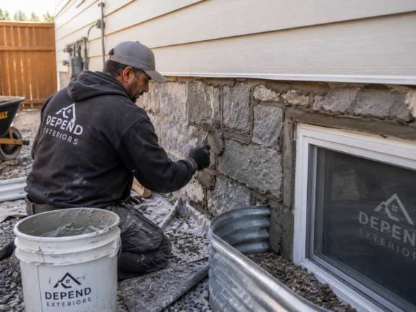 Depend Exteriors contractor applying mortar to repair masonry around a basement window in Edmonton.