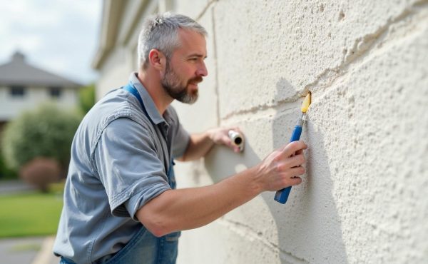 Stucco contractor repairing EIFS wall after hail damage in Edmonton Alberta