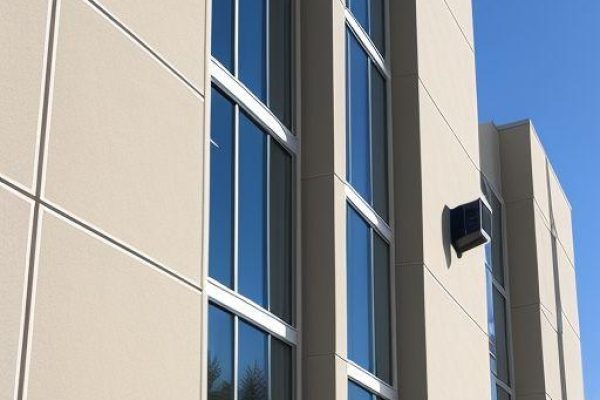 Ongoing EIFS stucco repair on a commercial building in Alberta by Depend Exteriors. Image displays scaffolded sections with patched, prepped, and finished stucco zones for thermal sealing and moisture control.