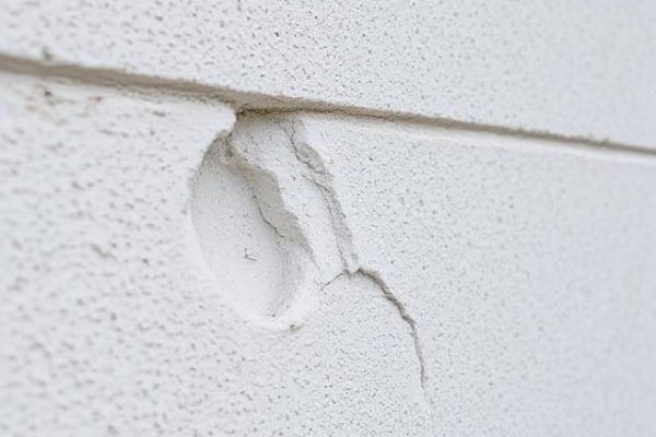 Close-up of EIFS hole repair, showing the process of cutting, patching, and applying a finish coat. The image captures the repair of dents and holes in the EIFS system, with a focus on craftsmanship and precision by Depend Exteriors.