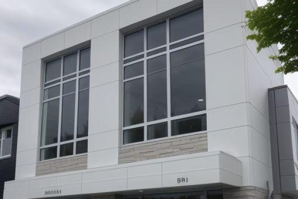 Completed EIFS stucco system on a commercial building in Westmount, Edmonton by Depend Exteriors. The system improves thermal insulation and creates a modern appearance.