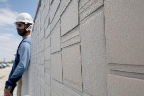 Close-up view of the EIFS installation, showing the application of a water-resistant barrier and reinforcing mesh on a building substrate.