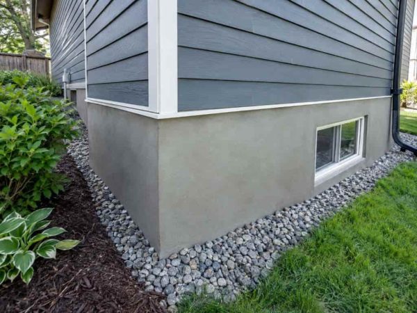 Finished smooth parging on a residential foundation below blue siding and around a basement window in Edmonton.