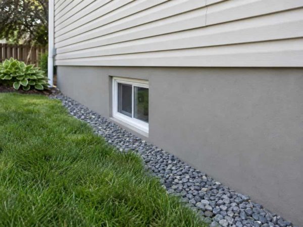 Finished smooth parging along a residential foundation beneath siding and a basement window in Edmonton.