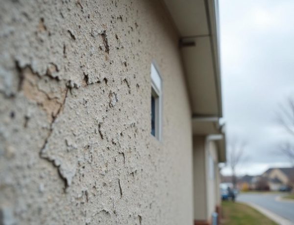 Close-up of hail-damaged stucco wall with cracks and chips in Edmonton home
