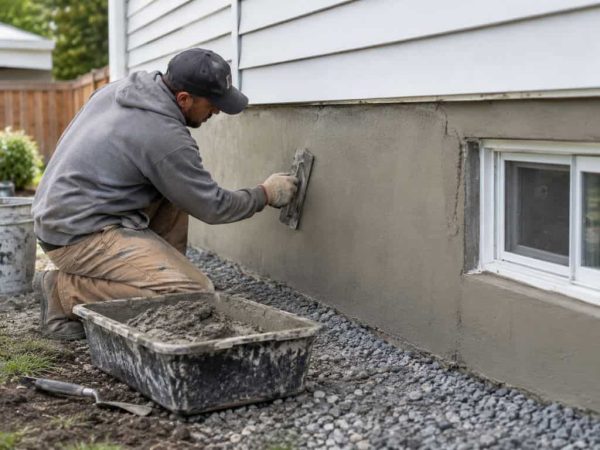 Contractor applying fresh parging to a residential foundation wall around a basement window in Edmonton.