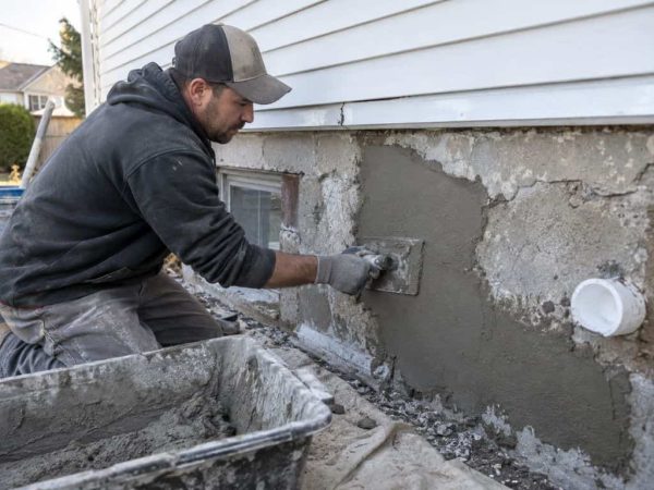Contractor applying fresh parging mortar to repair a damaged residential foundation wall in Edmonton.