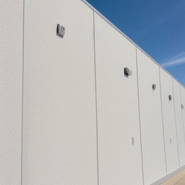 EIFS stucco installation on a commercial building in River Valley Walterdale, Edmonton, showcasing clean acrylic texture, finished moulding, and energy-efficient insulation layers completed by Depend Exteriors.