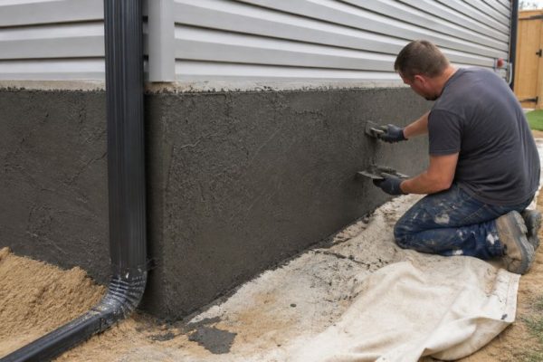 Depend Exteriors is a stucco contractor in Rutherford AB, Edmonton that provides parging and exterior wall finishing services. This image shows a worker applying a dark stucco coating to a home foundation wall. The contractor is kneeling beside the house and using tools to spread the material evenly. The ground shows sand and the wall surface is in progress. You can call Depend Exteriors at (780) 710-3972 for stucco and parging services in Rutherford and nearby areas.
