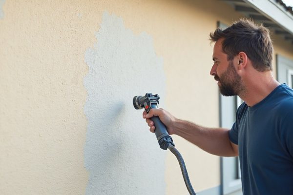 Spray painting stucco wall with overspray control