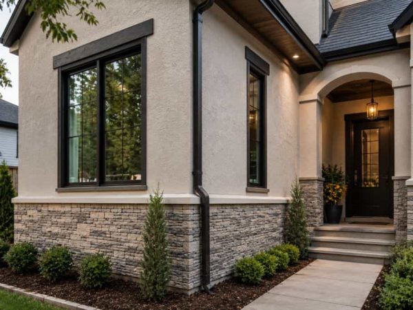 Completed home exterior with smooth stucco walls and stacked stone masonry completed by a contractor in Dunluce.