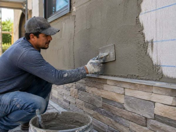 Contractor applying fresh stucco over exterior wall with stone veneer base for a stucco and masonry project in Dunluce.