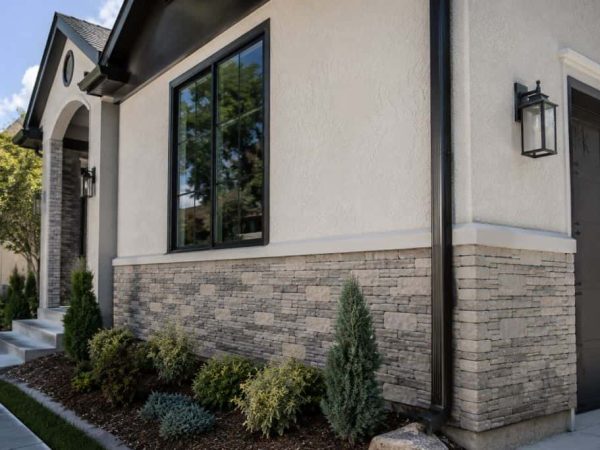 Modern home with smooth stucco walls and stacked stone masonry completed by a Stucco Contractor and Masonry Company Twin Brooks.