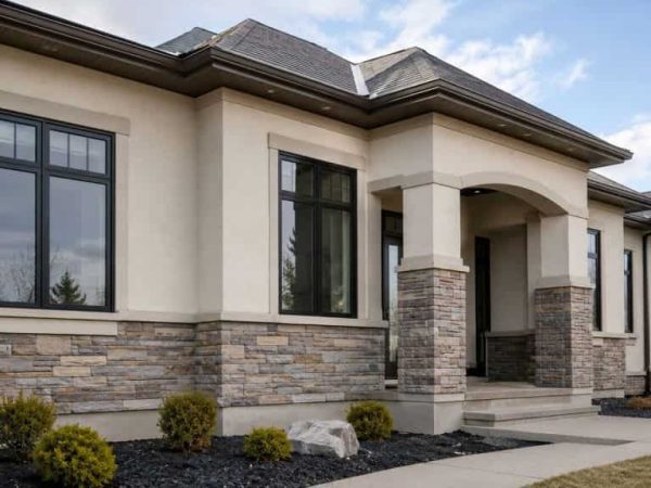 Modern Alberta home with smooth acrylic stucco walls and natural stone masonry installed by a professional stucco contractor.