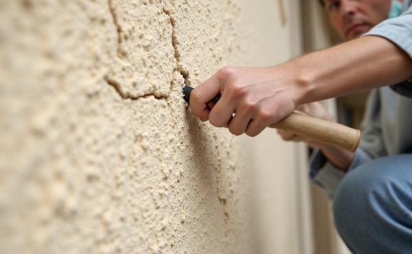 Stucco contractor repairing exterior wall cracks in Edmonton home