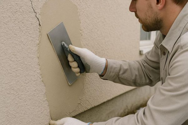 Professional performing stucco repair on a beige wall of an Edmonton home, applying fresh acrylic stucco with a trowel on a cracked surface in mild winter conditions.