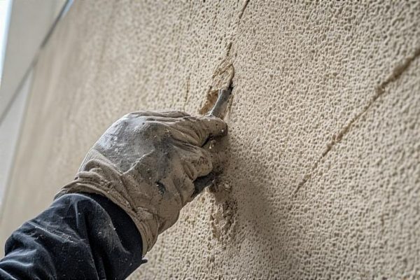 Stucco Repair Leduc AB | Cracked EIFS Surface Restoration A stucco contractor in Leduc AB applies mesh and base coat to repair cracks on an EIFS wall. Restoration helps prevent water damage and blends seamlessly with the original surface.
