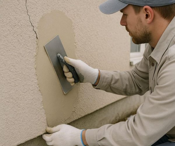 Stucco repair work on a worn residential wall in Alberta Avenue, AB.